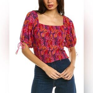 FREE PEOPLE Smocked Square Neck Floral Blouse - Pink/Red - Size Large Boho NWT